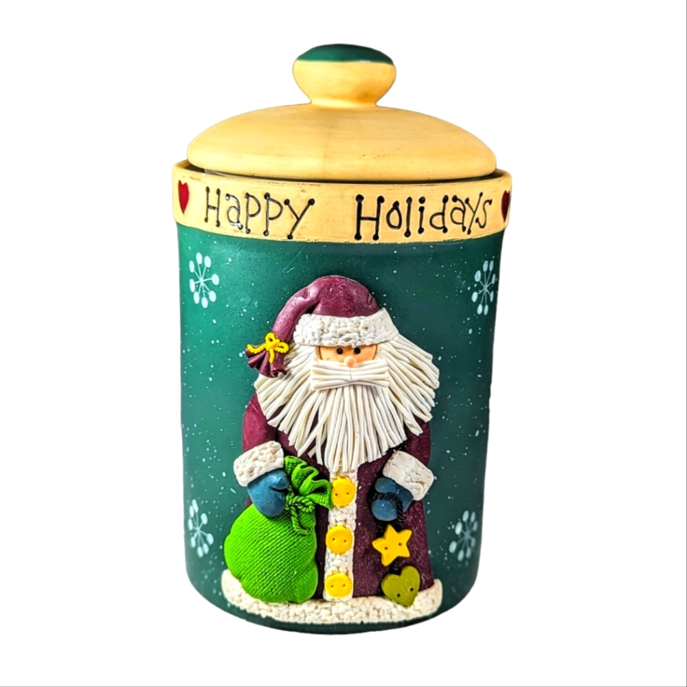 Bico China Christmas Santa Claus Happy Holidays Cookie Jar Raised Clay Santa